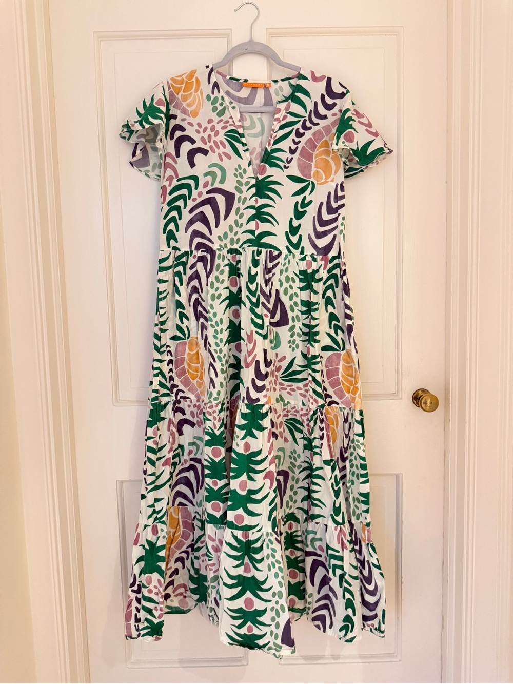 Oliphant White Floral Print Tiered Casual Dress with Green & Purple Accents
